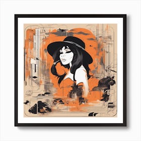 A Silhouette Of A Ape Wearing A Black Hat And Laying On Her Back On A Orange Screen, In The Style Of (1) Art Print