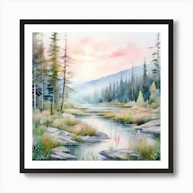 Watercolor A Serene Landscape In Gifford Pinchot National Forest Art Print