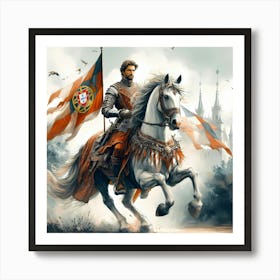 Portoguese Royal On A Lusitano Horse Color Drawing Art Print