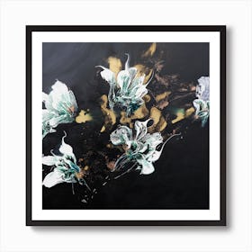 White And Green Flowers Black Background Painting Square Art Print