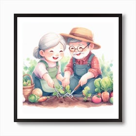 Old Couple In The Garden Art Print