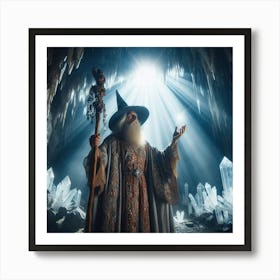 Wizard casting a spell in a cave Art Print