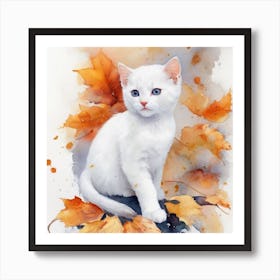 White Cat With Autumn Leaves Art Print