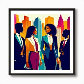 A group of four diverse business professionals, including two women and two men, dressed in colorful suits, standing in front of a vibrant cityscape with skyscrapers in the background, symbolizing their success, ambition, and determination in the fast-paced world of business, ready to take on any challenge that comes their way. Art Print