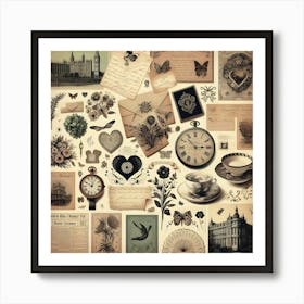 Retro Clock, Old Book, Butterfly, And Key On Wooden Surface Art Print