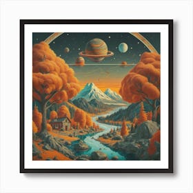 Picture Of An Autumn Landscape With Trees Mountain 3 Art Print
