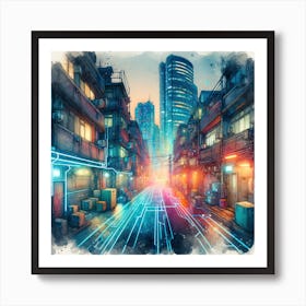 A Nano Neon Futuristic Street Scene. Art Print