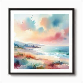 Watercolor Abstract: Dreamy Pastel Sky over Tranquil Beach. Art Print