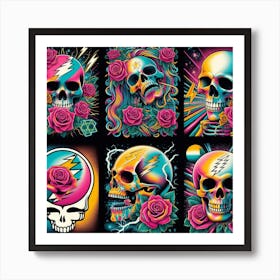 Grateful Dead Art: This artwork is inspired by the American rock band Grateful Dead, known for their eclectic style and psychedelic imagery. The artwork features a colorful skull with roses, a symbol of the band’s logo and album covers. The artwork also has some musical notes and stars in the background, representing the band’s musical influence and legacy. This artwork is suitable for fans of Grateful Dead or classic rock music, and it can be placed in a living room, bedroom, or music studio. 3 Art Print