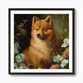 Pomeranian Dog In Flowers Art Print