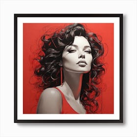 Woman In Red - Line Art Style Woman Art Print