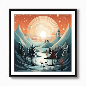 Winter Landscape With Deer 5 Art Print