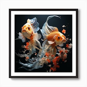 Two Koi Fish On Black Background Art Print