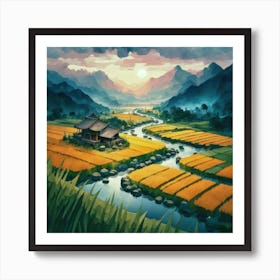 Beautiful views of rice fields, close to the river and surrounded by mountains, 2 Art Print