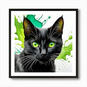 Black Cat With Green Paint Splashes Art Print