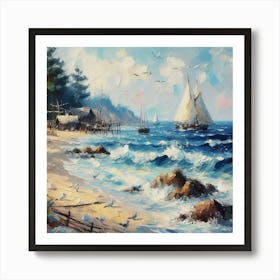 Sailboats On The Beach, Acrylic Painting Style 1 Art Print