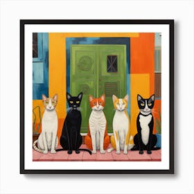 Five Cats In Front Of A Door Art Print