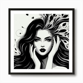 Black And White Girl With Feathers Art Print