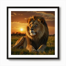 A Majestic Lion Lounging On A Grassy Savanna At Sunset, Surrounded By The Golden Hues Of The Setting Sun And The Vast Expanse Of The African Plains 3 Art Print