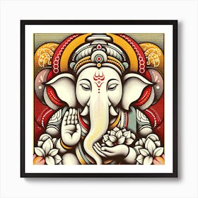 "Divine Serenity of Ganesha" - This captivating artwork embodies the essence of tranquility and wisdom, featuring the revered deity Ganesha, symbolizing prosperity, fortune, and success. With its intricate patterns and vibrant hues, this piece captures the eye, making it a perfect addition to any space seeking a touch of spiritual elegance. The use of reds, golds, and contrasting shades accentuates the deity's calming presence. Ideal for those looking to infuse their home with a serene aura and cultural richness, this artwork is not just a visual treat but also an ode to traditional symbolism and modern design. Whether for a housewarming gift or personal collection, it stands as a beacon of peace and prosperity. Art Print