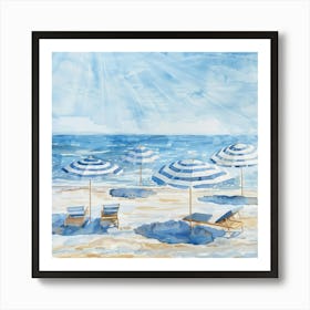 Blue Umbrellas On The Beach 4 Art Print