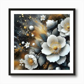 White Flowers On Black Background Art Print