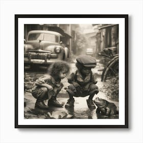 Two Children Playing With A Frog Art Print