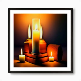 Candles and a towel are lit up in front of a candle holder, Candles On A Table Art Print