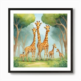 Cute Giraffe Herd Under The Trees Illustration 1 Art Print 2 Art Print