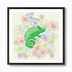 CHAMELEONS JUST WANNA HAVE FUN Cute Rainforest Reptile Line-Drawing Floral in Jungle Green Red Purple Blue Yellow Art Print