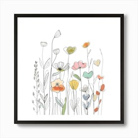 Hand Drawn Wildflowers Line Art Art Print