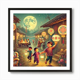 Vietnamese Children Play Under The Moonlight Art Print