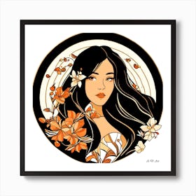 Black, White And Orange Illustration Of A Beauty In A Circle With Flower Decoration Art Print