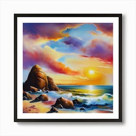 Artwork, oil colors, sea and sunset, seashore, beach rocks.San Francisco, USA.1 Art Print