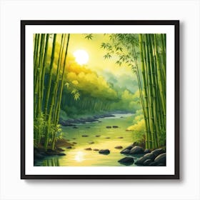 A Stream In A Bamboo Forest At Sun Rise Square Composition 396 Art Print