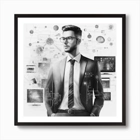 Businessman Standing In Front Of Computer Art Print