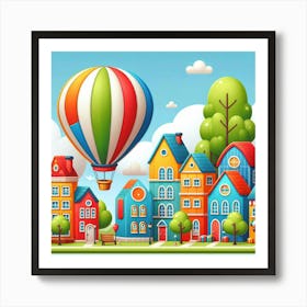 Cartoon City With Hot Air Balloon Art Print