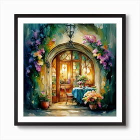 Quiet and attractive dining nook, overgrown flowers, high quality, detailed, highly 3D, elegant carved cart, 5 Art Print