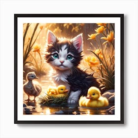 Little Kitten With Ducklings Art Print