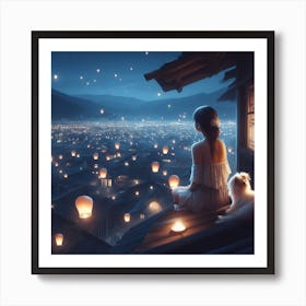 Little girl and her little dog looking at the night sky together Art Print