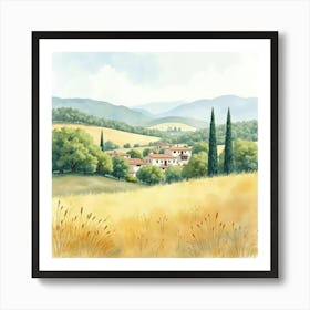 Watercolor Scene Of A Peaceful Spanish Countryside With Gentle Hues Art Print