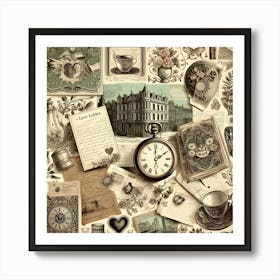 Collage Of Train Photos And Vintage Travel Stamps On Coffee Corner Wallpaper Art Print