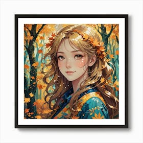 Anime Girl In Autumn Leaves Art Print