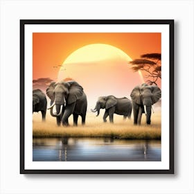 Elephants At Sunset Art Print