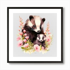 Watercolor Spring Mama And Baby Badgers Affiche