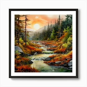 Watercolor A Serene Landscape In Tongass National Forest Bathed In Shades Of Terracotta Olive Green Art Print