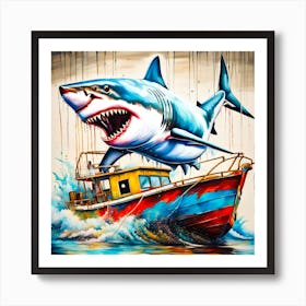 Shark On A Boat Art Print