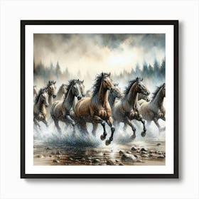 Horses Running In The Water 8 Art Print