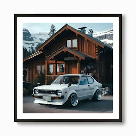 A 1981 White Toyota Corolla Gli Twin Cam With Full Body Kit In Front Of A Cabin House 7 Poster