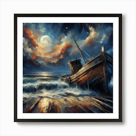 Forgotten Fishing Boat: Moonlit Waves Tale in Greg Rutkowski's Oil Painting – Bold Strokes & Studio Photo with Sharp Focus. Trending on ArtStation for Moon Sky Stylization, Intricate Details, and Highly Detailed Artistry. Art Print